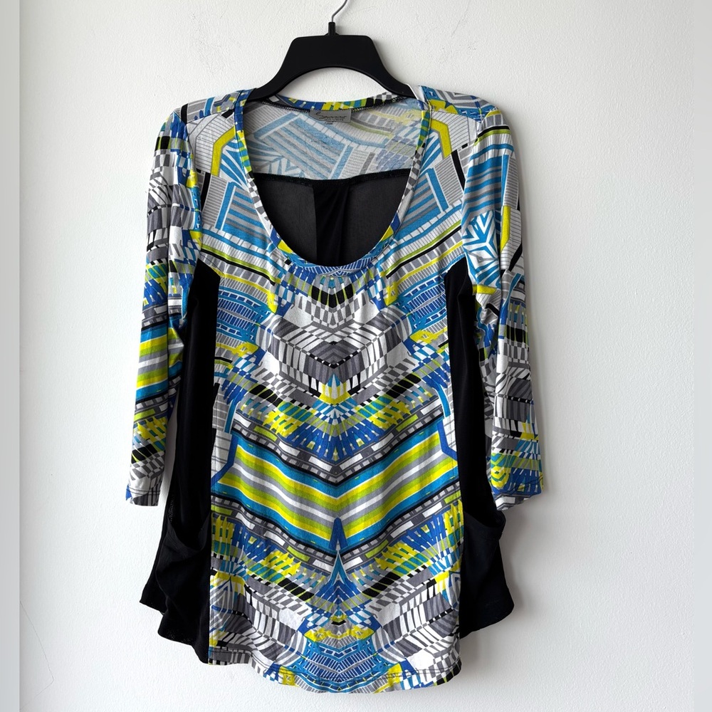 VTG Lynn Ritchie Top Geometric Print Blue Black Mesh Pockets Women S Art Kitsch